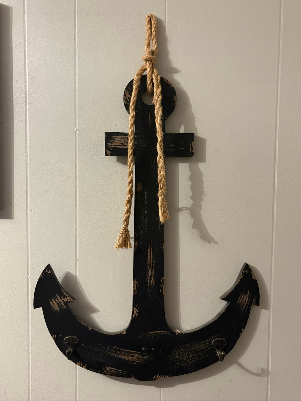 Black Distressed Anchor Wooden Wall Decor with Rope & Hanging Hooks